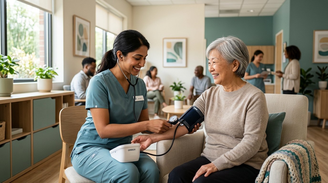 Compassionate healthcare professional consulting with a community member in a welcoming clinic setting