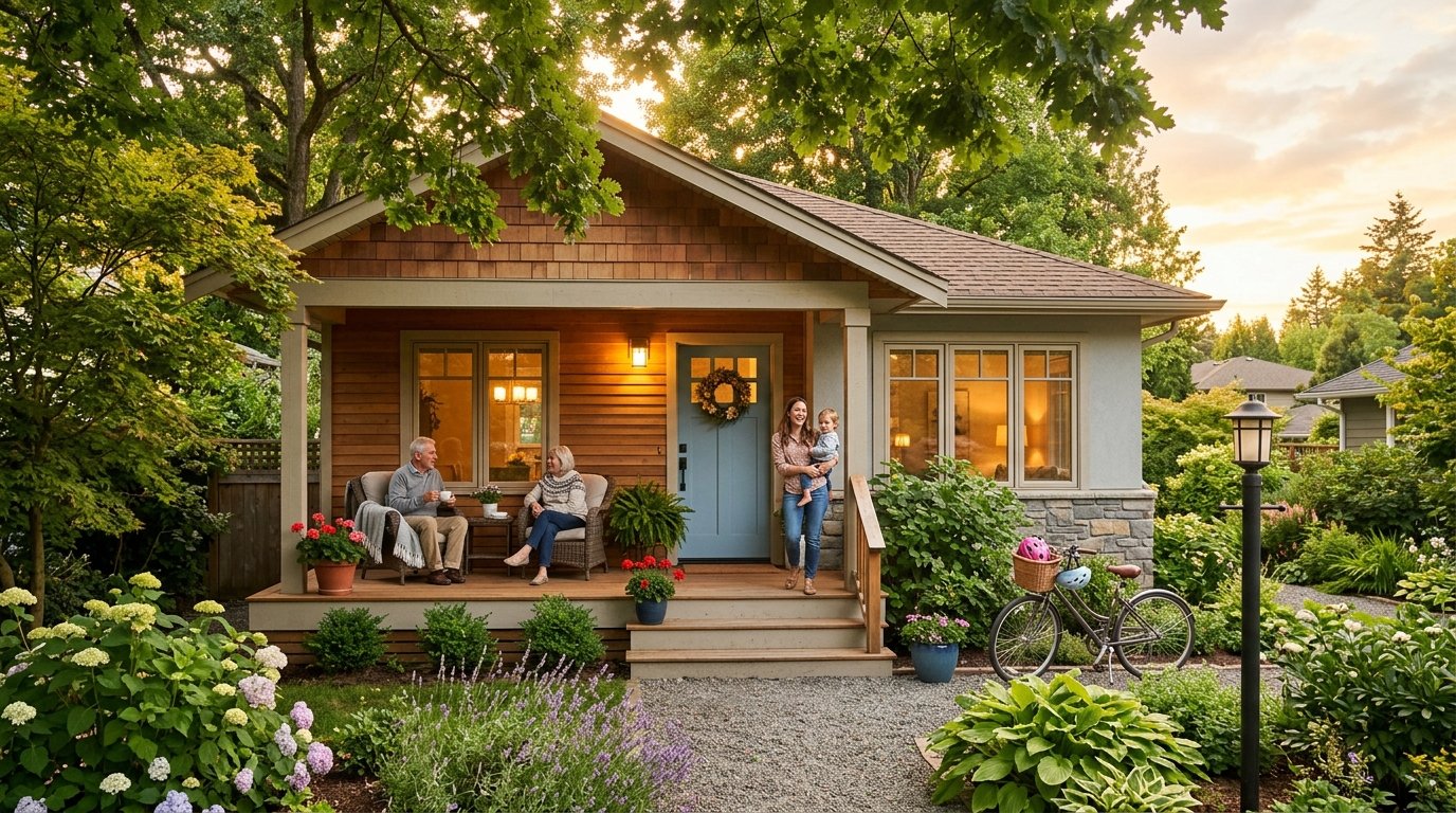 A welcoming, safe, and stable home in a community setting representing housing security and hope