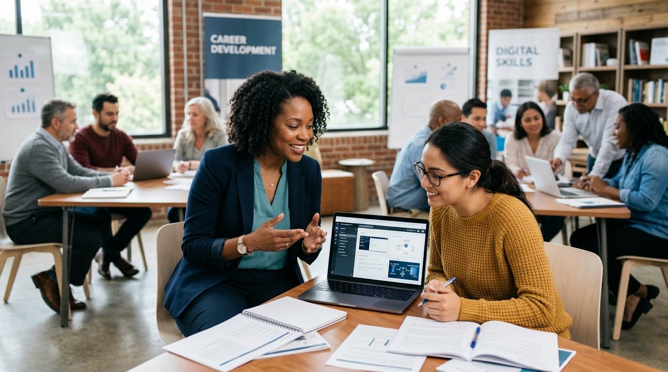 Diverse adults collaborating in a modern community vocational learning and digital skill development center